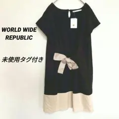 2896M【新品】ワールドワイドリパブリック　ひざ丈ワンピース　リボン　黒