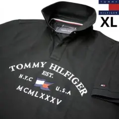 新品 トミーヒルフィガー XL 刺繍ロゴ ストレッチ ポロシャツ 黒 ゴルフにも