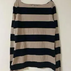 H&M【M】ボートネック ボーダー長袖カットソー ベージュ×ブラック