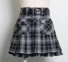 pium ピウム レザーベルトチェックプリーツミニスカート ブラックチェック