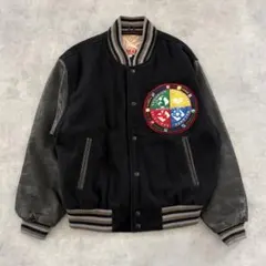 90s Vintage Leather Varsity Jacket 黒 羊革