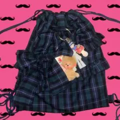 ナップサック　ハンドメイド　チェック　フリル　リボン付き