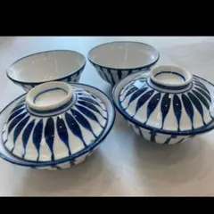 青いストライプ模様の陶器丼２個セット