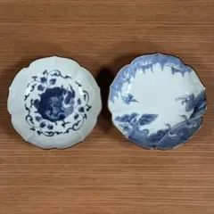 有田焼 李荘窯 渕錆染付獅子唐草文/雨降波鳥文 輪花4寸皿 2枚セット☆