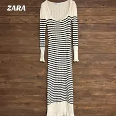 ♦︎【ザラ】ZARA 黒ボーダーロングコットンニットワンピース タイト M