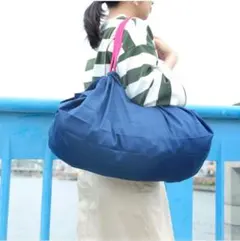 美品★Shupatto ネイビー ピンク エコバッグ　Ｌのサムネイル
