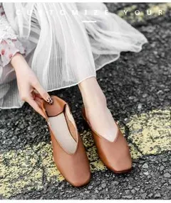 2WAY スクエアトゥ バブーシュ Ｖカット フラットパンプス ブラウン