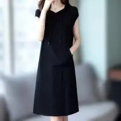 M ブラック ワンピース フード付き シンプル ミドル丈 半袖 無地 シンプル