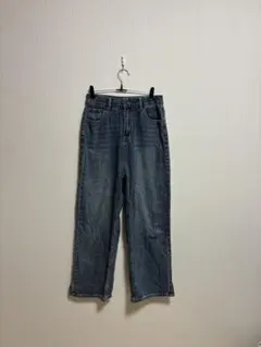 フリンジ付きダークブルーデニムワイドレッグパンツ