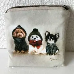 犬イラストキャンバスミニポーチ 　ハンドメイド