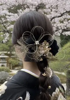成人式　ブライダル　卒業式　髪飾り　ブラックゴールド水引フラワー　和装髪飾り
