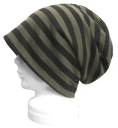 ハンドメイド◆ボーダー柄コットンニット／ルーズワッチキャップ◆オリーブ×ブラック