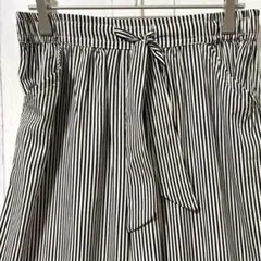 ZARAストライプワイドパンツ黒×白Mガウチョパンツリボンウエストゴム美脚