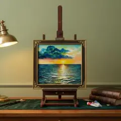 油絵 原画「Sea at Dusk」夕暮れの海 額縁付 絵画 贈り物 インテリア