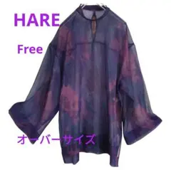 HARE シアーオーバーシャツ チュニック 花柄 アート柄 ネイビー フリー
