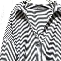 ロペピクニック ストライプシャツ紺ネイビーFゆったりオーバーサイズ スキッパー