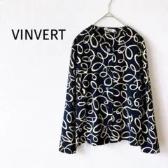 【バンベール】ノーカラーブラウス ジャケット 9号 総柄 紺 薄手