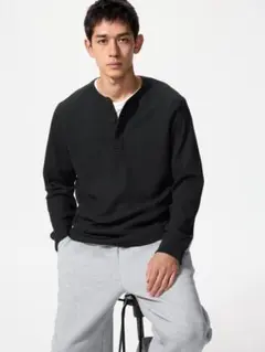 ⭐️ユニクロ　ワッフルヘンリーネックTシャツ/長袖　XL　ブラック