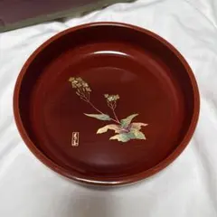 漆器 漆芸 木目調 和風 丸盆 お盆 トレー 花柄 赤 茶道★