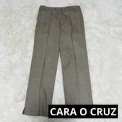 CARA O CRUZ チェック柄スラックスブラウン ウール混 テーパードパンツ