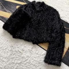 美品 ラムファー ブラック コート 本毛皮 羊 ハーフ 丈 M相当 AA864 