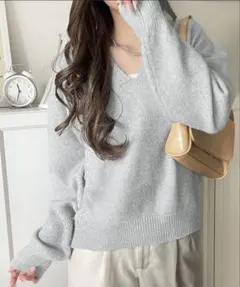 ふわっと軽やか◎メランジ調Vネックニットプルオーバー（長袖）