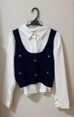 ビスチェ付きブラウス　リボン　紺色