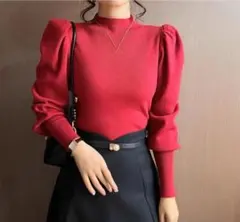 【ラスト1点】パフスリーブニット 赤 レッド 秋 冬 クリスマス デート 人気