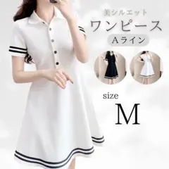 ワンピース ホワイト ゴルフウェア 体型カバー Ｍ Ａライン スポーツ 襟付き