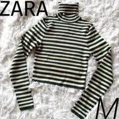 ZARA ザラ ボーダー ニット グリーン×アイボリー クロップド丈 タートルM