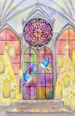 momorin様専用水彩画　ステンドグラスと羽ばたく小鳥　値段は※900円です