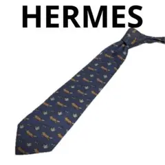 HERMES ネクタイ シルク アニマル柄 ネイビー エルメス E19