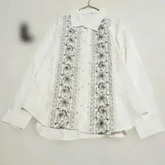 刺繍入りホワイト長袖シャツ ロングスリーブ くるみボタン 白 L