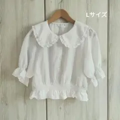 【新品·未使用】フリル付き 大きな襟 半袖 ブラウス Lサイズ ホワイト デニムのサムネイル
