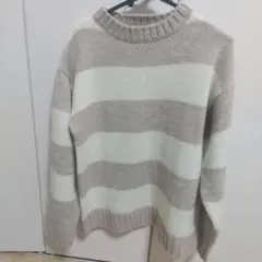 GU ボーダー柄 クルーネックニット ベージュ×ホワイト M