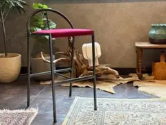 インテリア】丸型スツール ベルベット調 ワインレッド アイアン脚