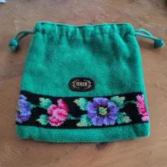 FELLER 花柄刺繍 緑色巾着ポーチ
