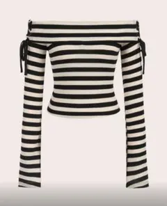 【完売品】縞模様プリント オフショルダー レースアップサイド Tシャツ