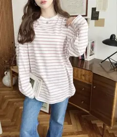moment+ 綿100％無地&ボーダー オーバーサイズロングスリーブTシャツのサムネイル