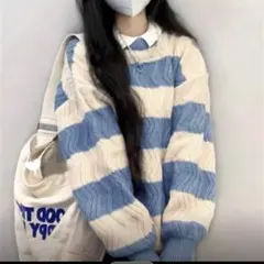 Sheinブルーとアイボリーのボーダーニットセーター