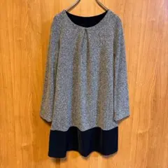 【VIS】ヴィス　長袖チュニック　ワンピース　異素材切替　ネイビー　Mサイズ