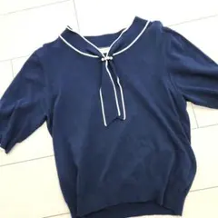 【大特価】青　紺　トップス　ボウタイ　七分袖　レディース　M