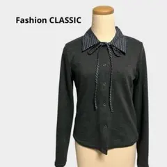 トップス　リボン　グレー　チェック柄　襟付き　長袖　レディース