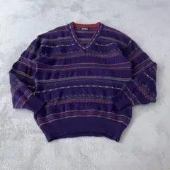 ケーブルニット　ウール100%ニット　Vネック　マルチボーダー　紫