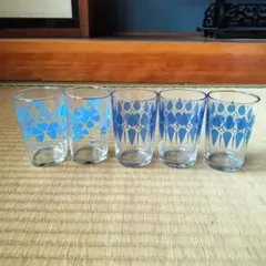 昭和レトロ グラス コップ タンブラー 青い花柄 5個セット