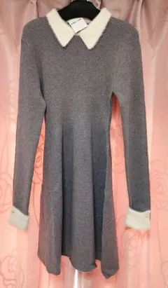 INGNIフェザー襟リブニットワンピース新品未使用グレー