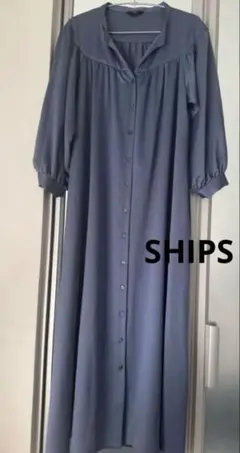 ブルー 長袖シャツワンピース ロングワンピース　ウエストリボン付き