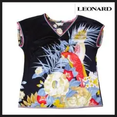 【レオナール/LEONARD】Tシャツ　Ⅼ　紺　手洗い　鳥花柄ビジュー　綿 希少のサムネイル