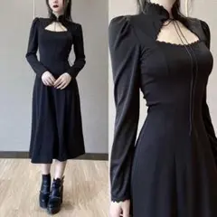 ワンピース レディース 黒 ドレス 長袖 ハイネック レース ひざ下 ロング