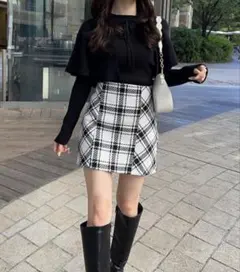 バックリボンツイードチェックミニスカート　アイボリー